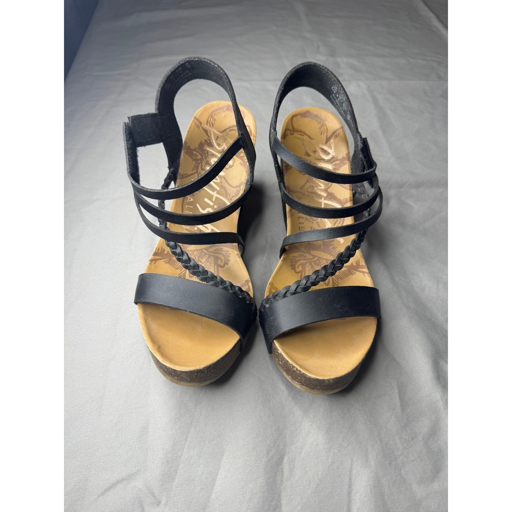 Blowfish Malibu Black Braided Cork Wedge Sandals Women's 8.5 Boho Strappy